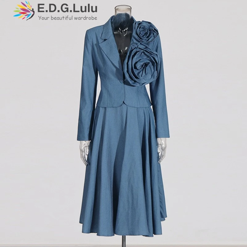 EDGLuLu 2 Piece Sets Women Outfit Turn-Down Collar 3d Flower Splicing Short Jacket+High Waist Loose Long Skirt Cowboy Suit 1130