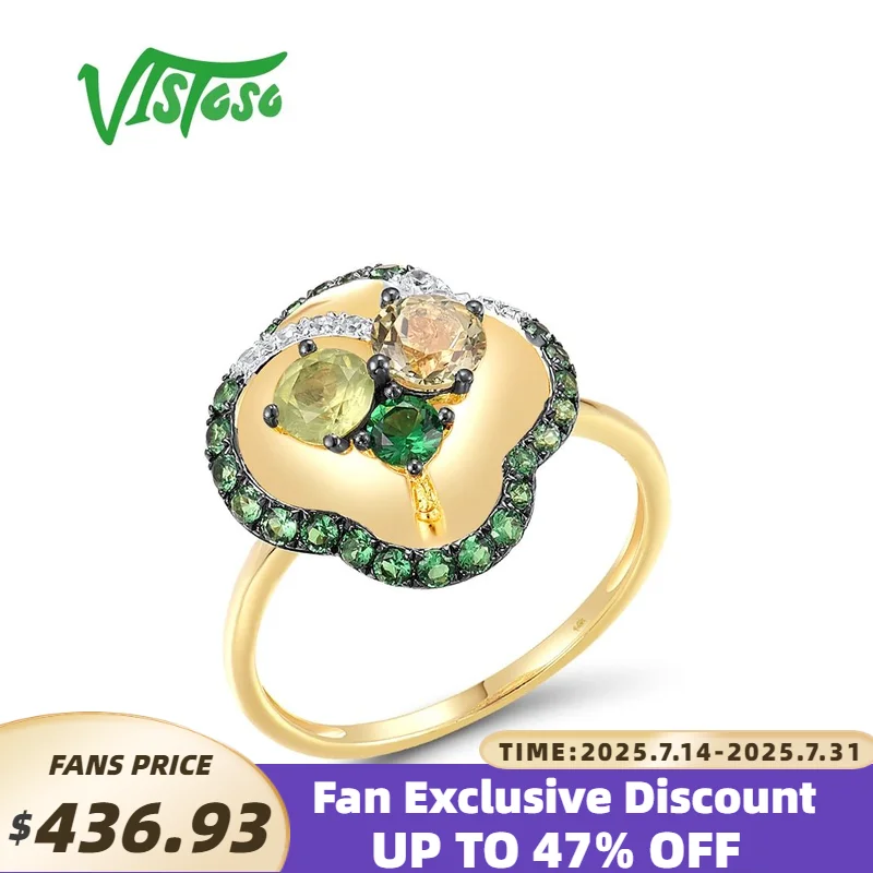 

VISTOSO Pure 14K 585 Yellow Gold Ring For Women Sparkling Diamond Colorful Cluster Green Flower Party Gift Elegant Fine Jewelry