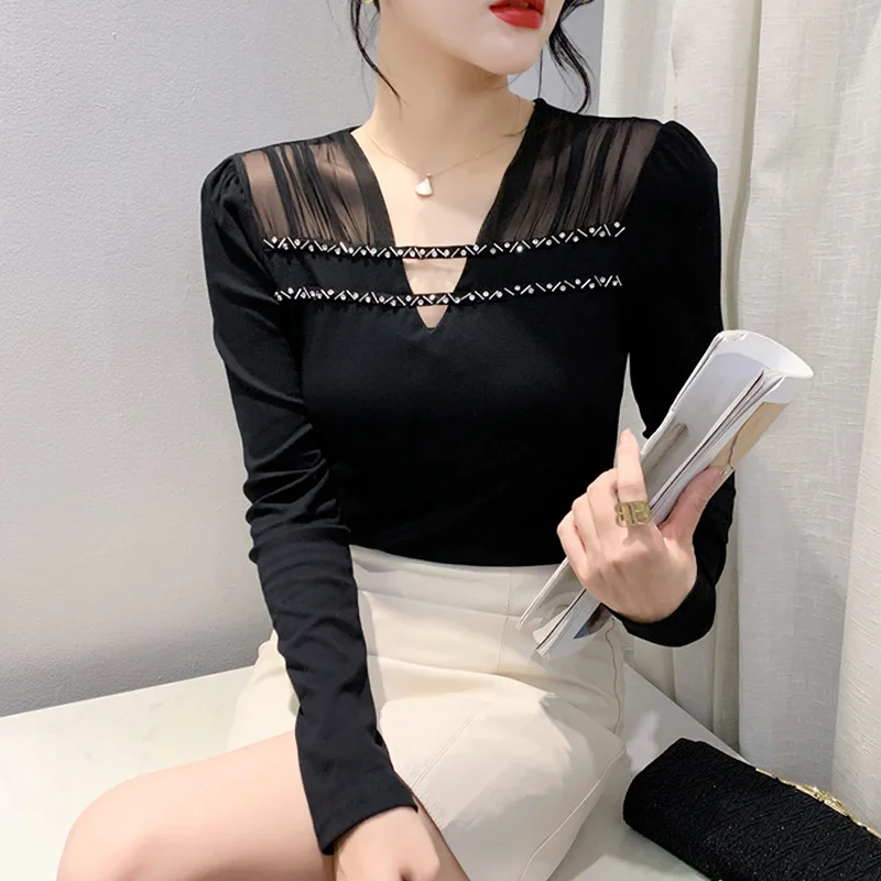 #8628 Spring Summer Black Long Sleeve T Shirt Women Split Joint Diamonds Sexy Tight Tshirt Female V-neck Spliced Mesh Hollow Out