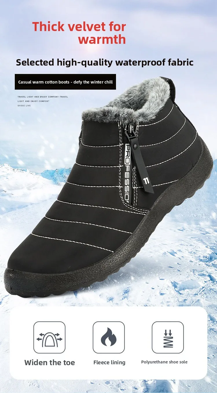 Herren Winter Schneestiefel mit Seitenreißverschluss, wasserdicht, warm, mit Fleece gefüttert, knöchelhoher Stiefel, rutschfest, Outdoor, Freizeit, Baumwollschuhe – Detail 1