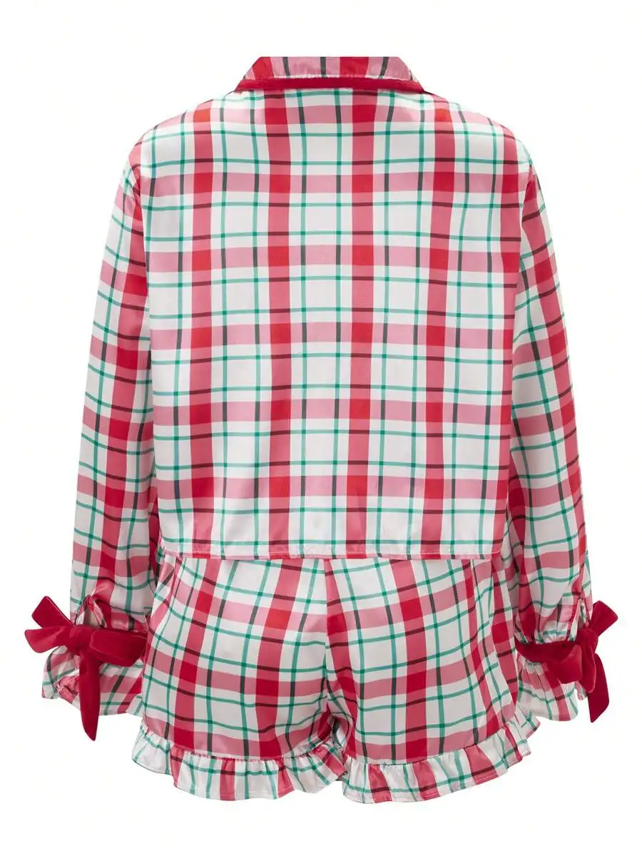 

Women Two Piece Christmas Plaid Pajama Set With Bow Tie Sleeves And Ruffle Shorts