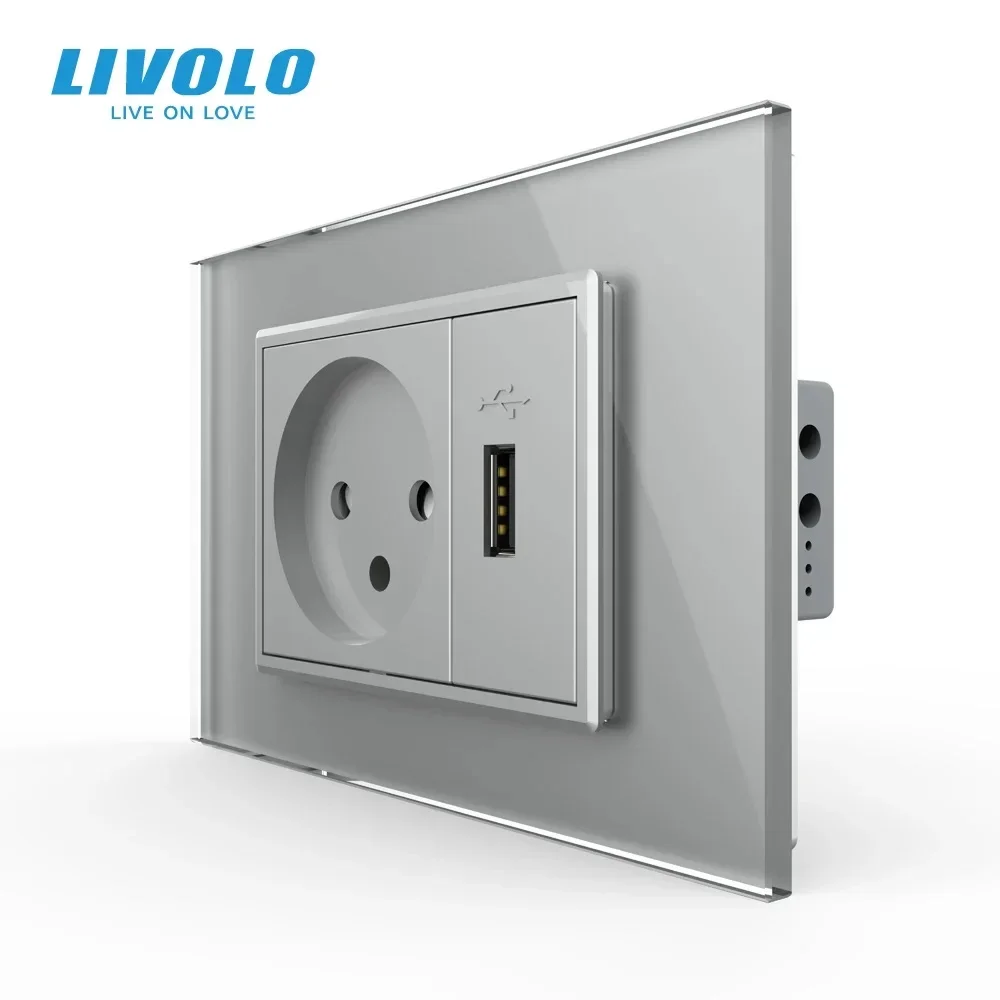 New Livolo Israel Socket with USB Charger , White/Black Crystal Glass Panel, AC 250V16A  Wall Power Outlets , VL-C9C1IL1U-11