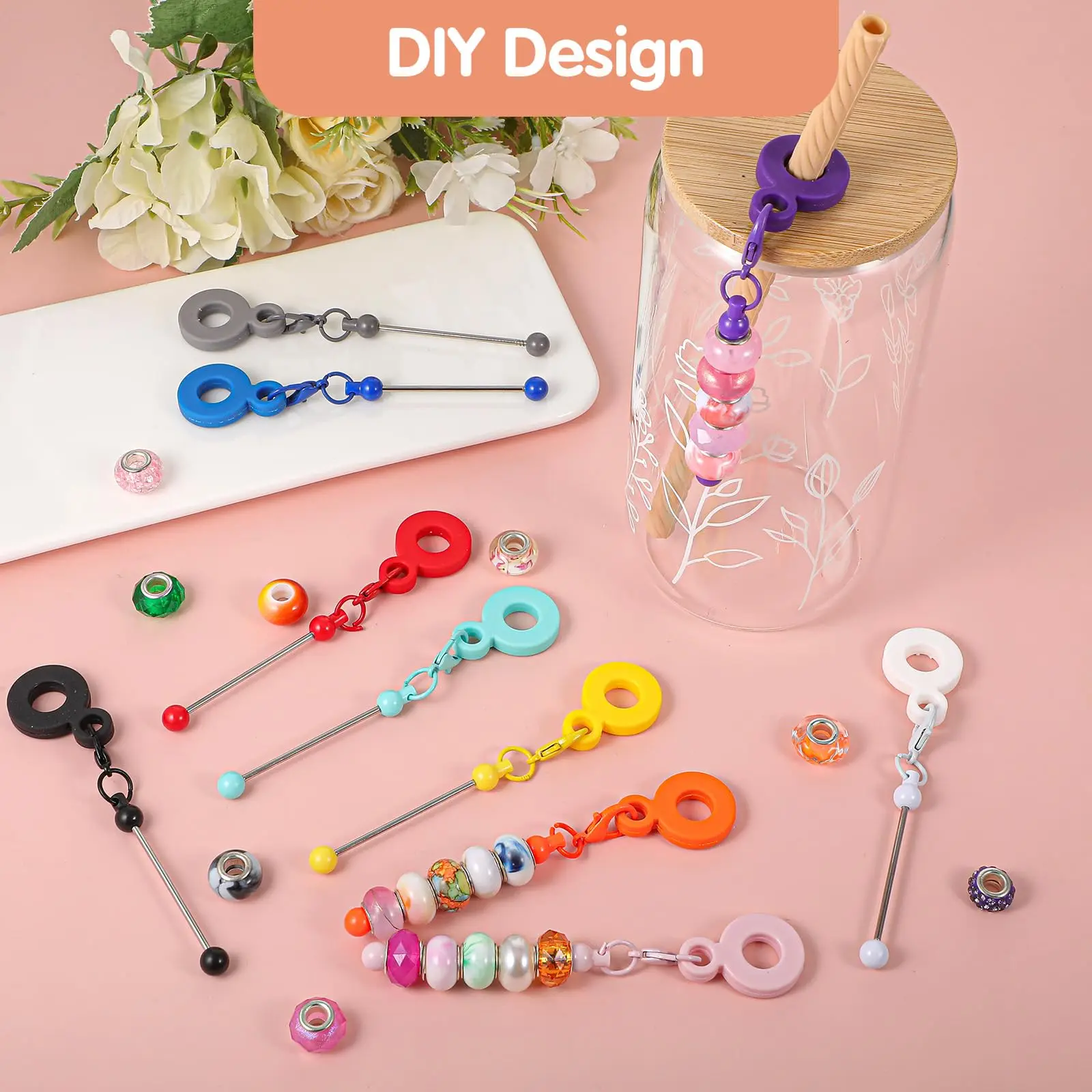40 Pcs Beadable Straw Charms for Tumblers Adapters Beaded Cup Blank Bar Compatible with Stanley Silicone Pendant Ornament for Cu