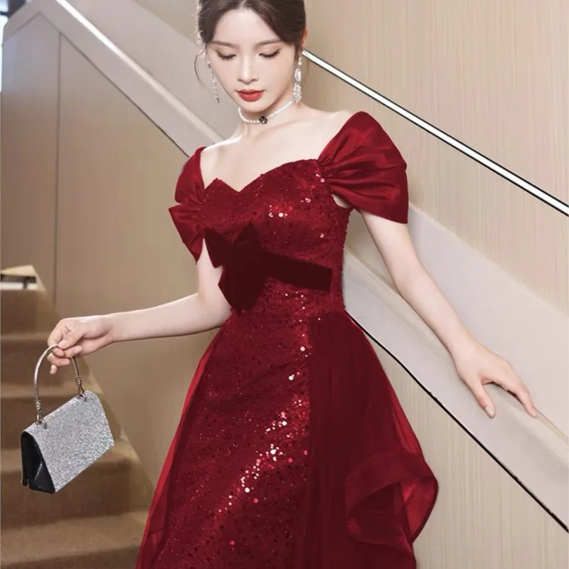 Toasting wine red atmospheric banquet sequin new dress