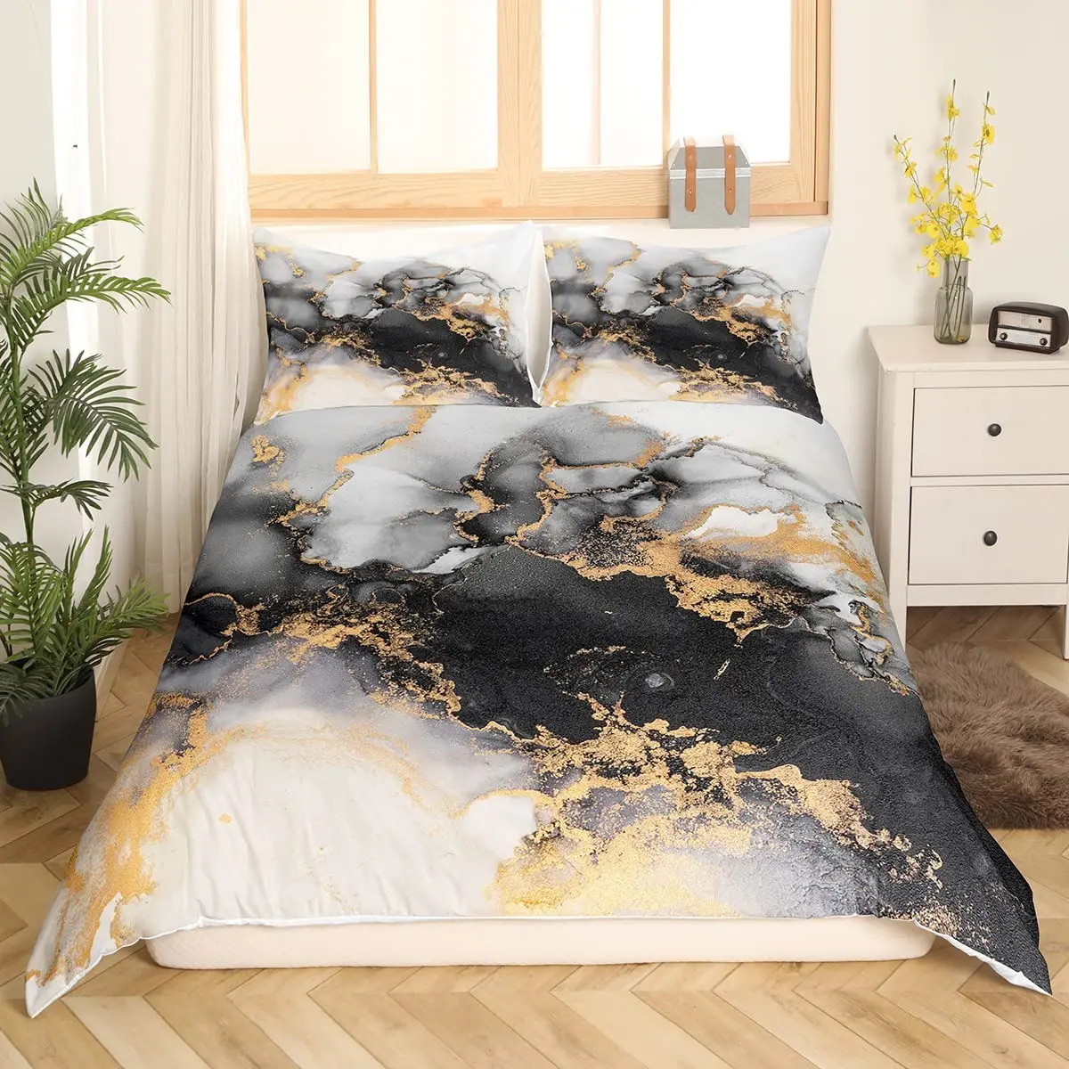 

Black Marble Bedding Set Golden Grey Marbling Duvet Cover Modern Abstract Art Tie Dye Comforter Cover Gothic Marbled Quilt Cover