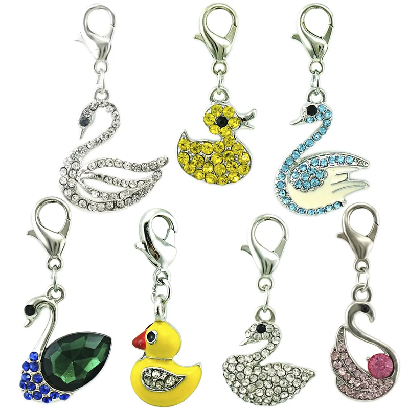 JINGLANG Fashion Animals Lobster Clasp Alloy Dangle Color Rhinestone Duck Swan Charms For Jewelry Making DIY Accessories12pcs