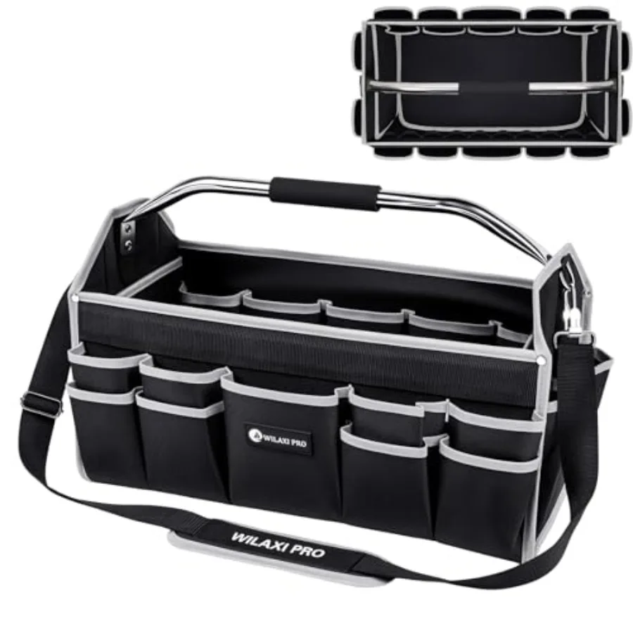 

22in Tool Bags For Men Heavy Duty 33 PCS Pockets Tool Bag Organizer Foldable Open Top Tool Bag With Handle Wide Mouth Electrici