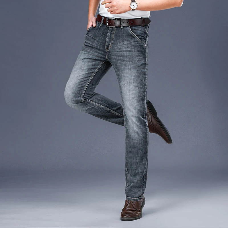 Men's High Quality Business Jeans Classic Fashion Straight Leg Loose Casual Pants Elastic High Quality Zipper Middle Waist Jeans