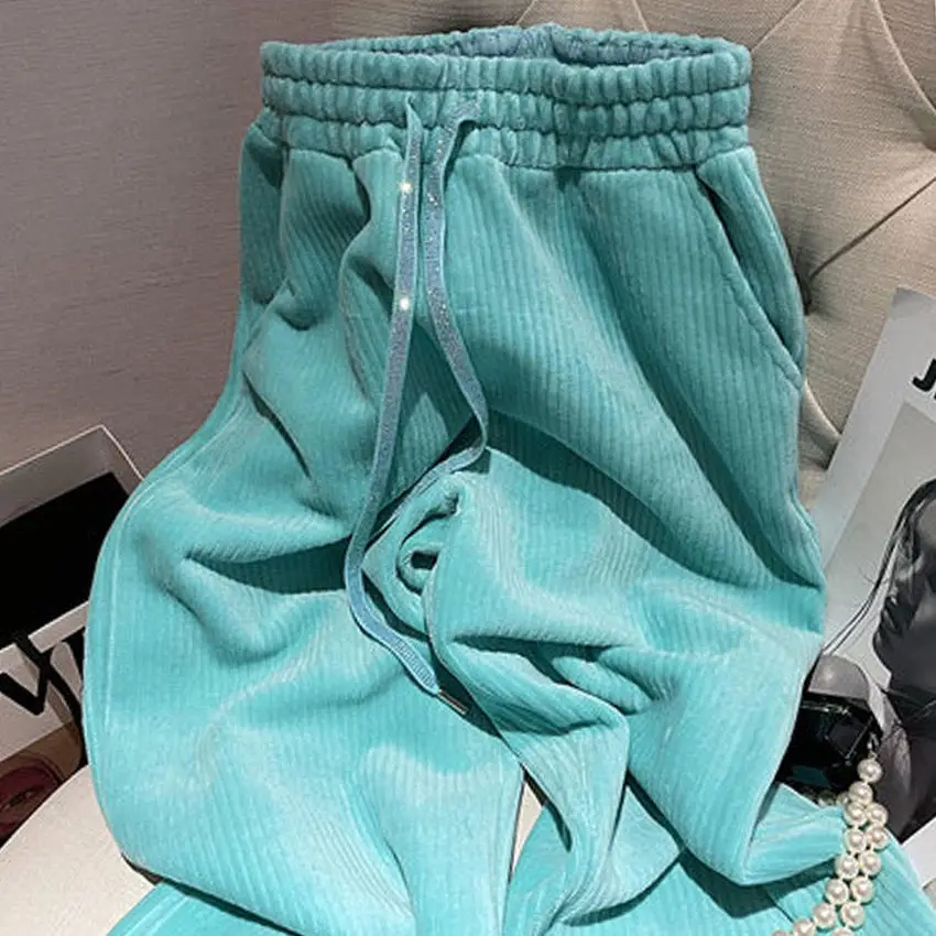 Chenille Wide Leg Pants Women Autumn Winter New High Waist Light Green Trousers Drape Straight Casual Corduroy Pants