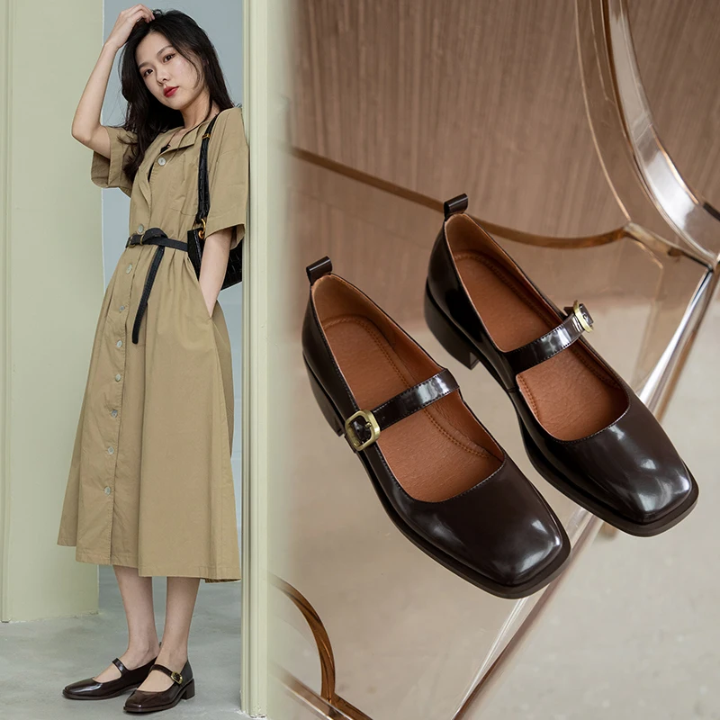 LIHUAMAO Cow Leather retro mary jane shoes women's shoes chunky heel ankle strap footwear outsole pumps wedding party