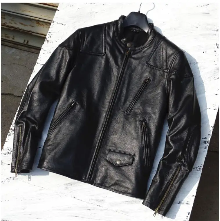 

YR!Free shipping.Wholesales.popular Ride soft cowhide jacket.plus size black slim fit genuine leather coat.cheap leather cloth