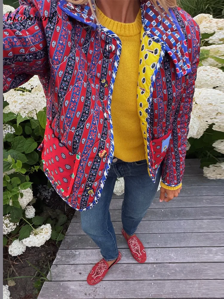 Vintage Reversible Printed Quilted Jacket Single-breasted Pockets Long Sleeve Warm Padded Coat 2026 Autumn Winter Lady Outwear
