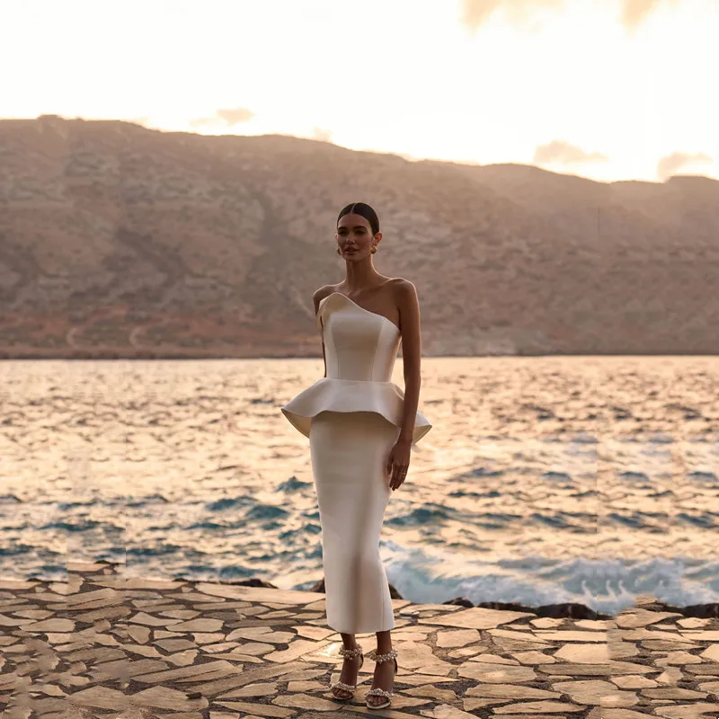 

Simple Satin Ivory Sleeveless Mermaid Wedding Dresses 2025 Sexy Strapless Backless Pleat Zipper Elegant Ankle-Length Customized