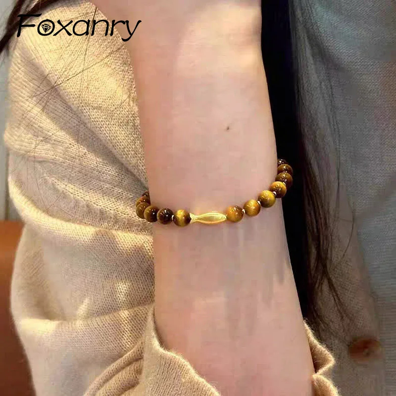 

Foxanry тигровый глаз Lucky Fish браслеты для женщин и девочек, популярные винтажные нежные модные элегантные простые креативные ювелирные изделия на день рождения, подарок