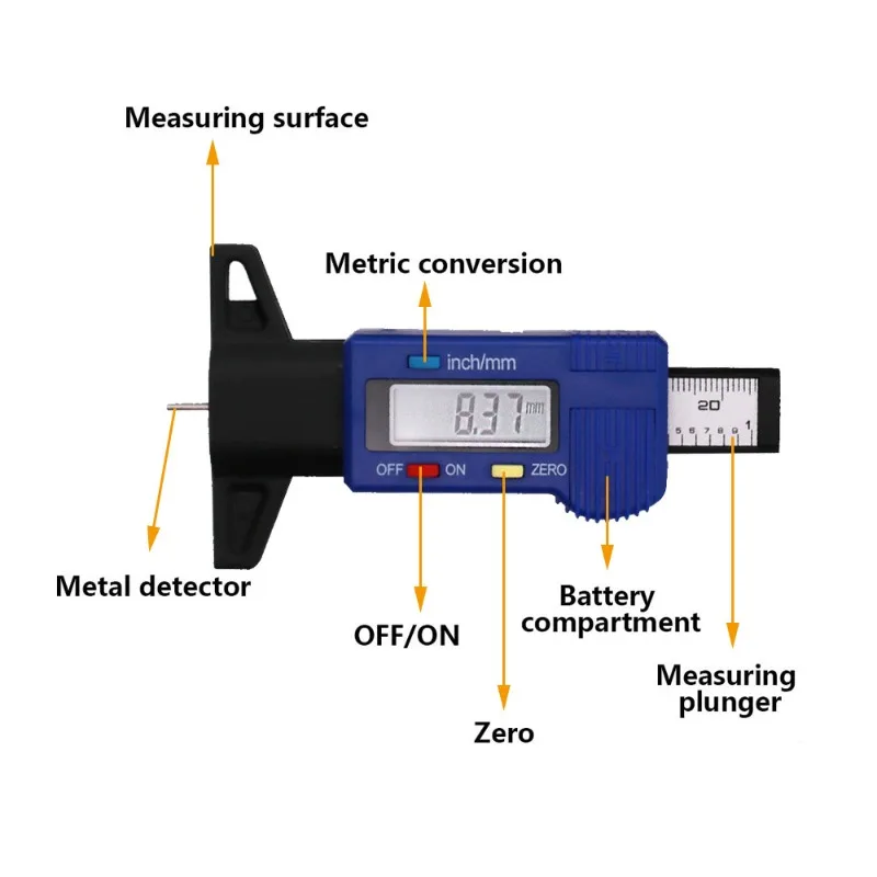 Digital Tread Depth Gauge For Car Tyre Tire Meter Thickness Gauges Automobile Tire Wear Detection Measuring Tools Depth Caliper