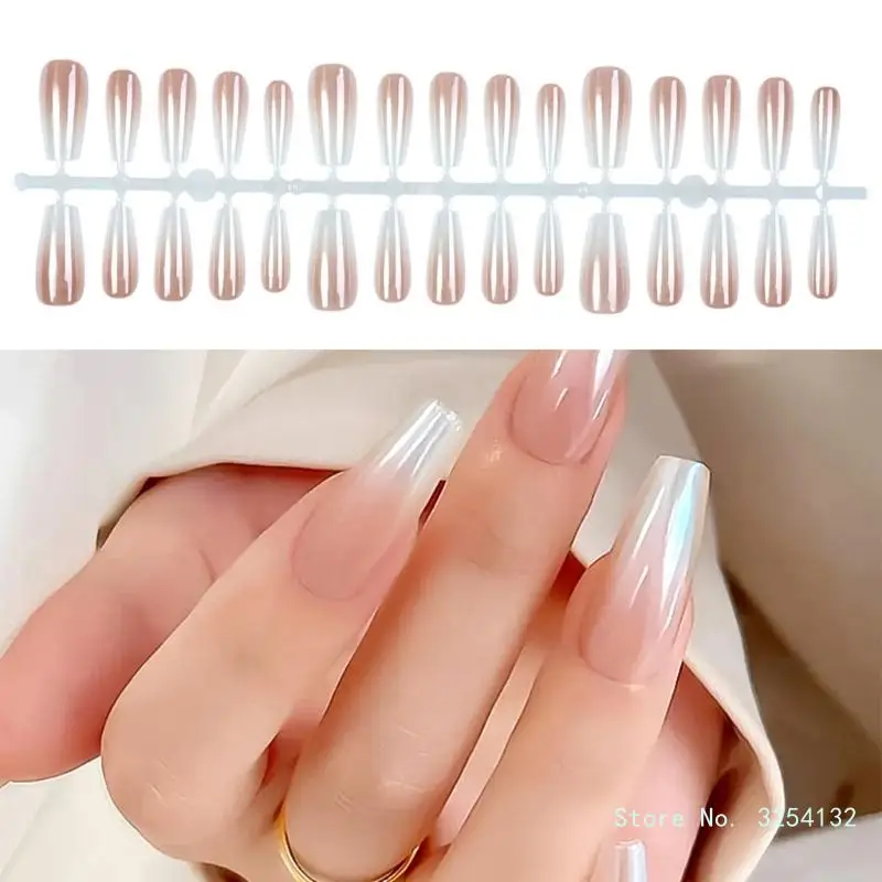 Stick On Nails Long Coffin Press on Nails Pink and White False Nail DIY Nails Art Decoration for Various Occasion