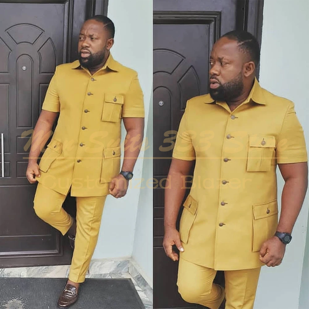 

Customzied Suits for Men 2026 Elegant Short Sleeve Stand Lapel Slim Fit 2 Piece Jacket Pants High Quality Male Clothing