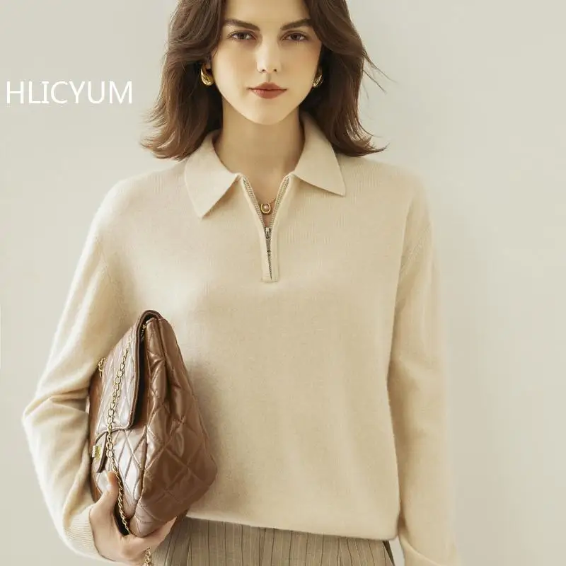 

Women's 100% Cashmere Sweater Autumn Winter Thick Warm Pullover plus Size POLO Collar Zipper Loose Jumper Solid Knitwear