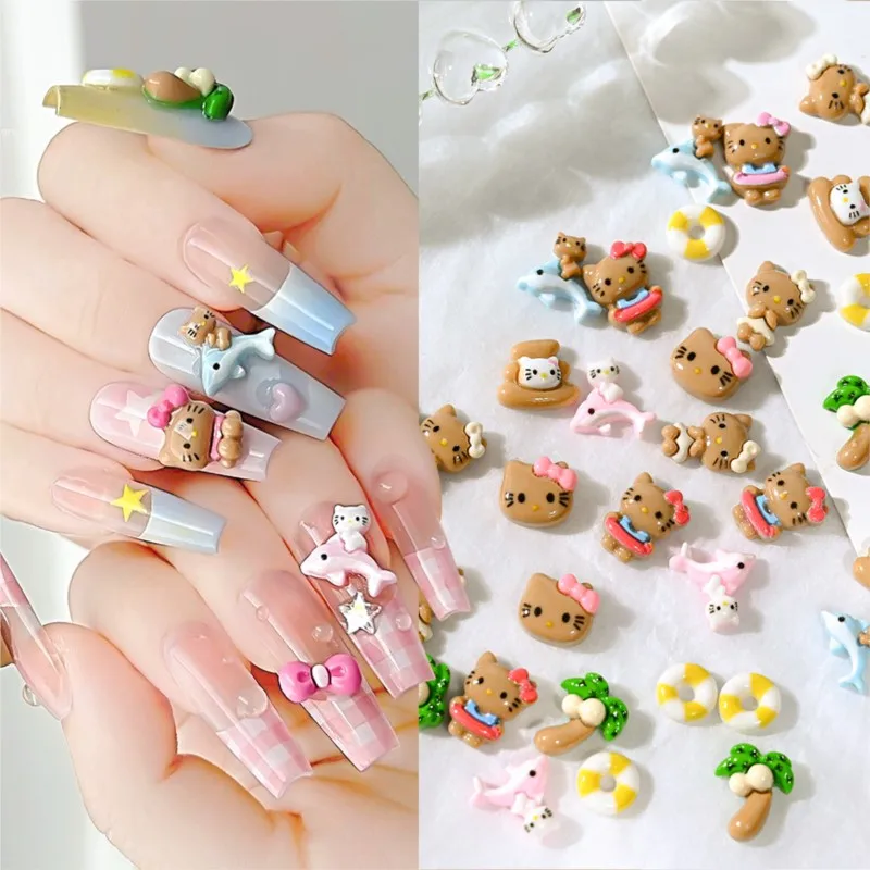 10 Pcs Brown Holiday Hello Kitty Nail Art Charms Sanrio Bowkot Lifebuoy Dolphin KT Gems For Nails Manicure Phone Case DIY Crafts