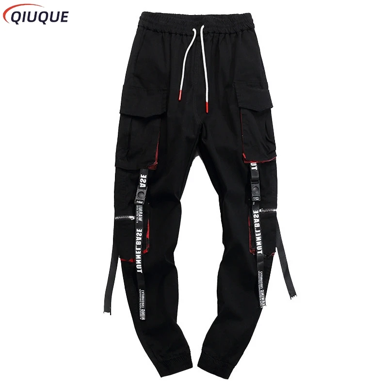 Calça multibolso para homens, calça elástica na cintura, calça casual harém, streetwear hip hop, moletom lápis, corredores techwear