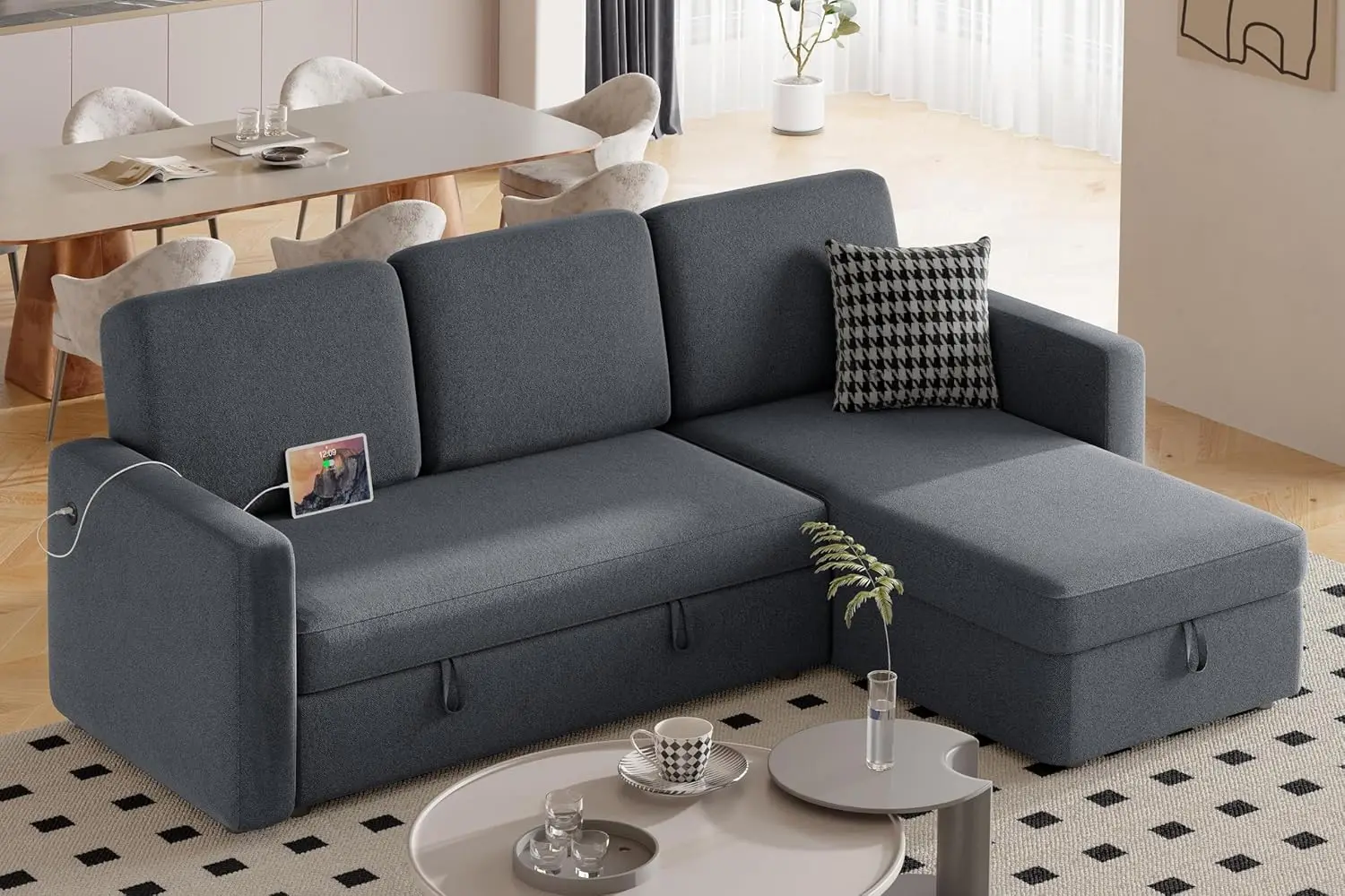 Sectional Sofa L-Shaped Sofa Couch Bed w/Chaise & USB Reversible Couch Sleeper w/Pull Out Bed & Storage Space 4-seat Fabric