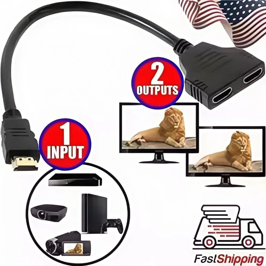 

1 to 2 HDMI Splitter Adapter – 1080P HD Signal Duplicator, Male to 2 Female Y-Cable for Dual Monitor/TV Setup
