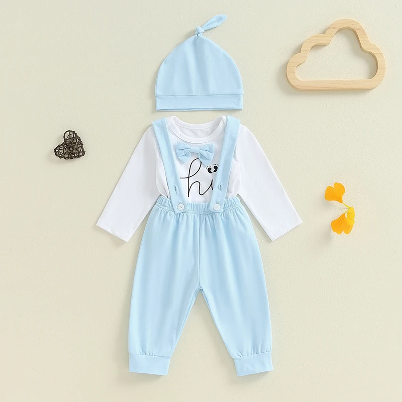 Newborn Baby Boys Clothes Set Hi I m New Here Bow Tie Bodysuit Overall Pants and Hat Outfit