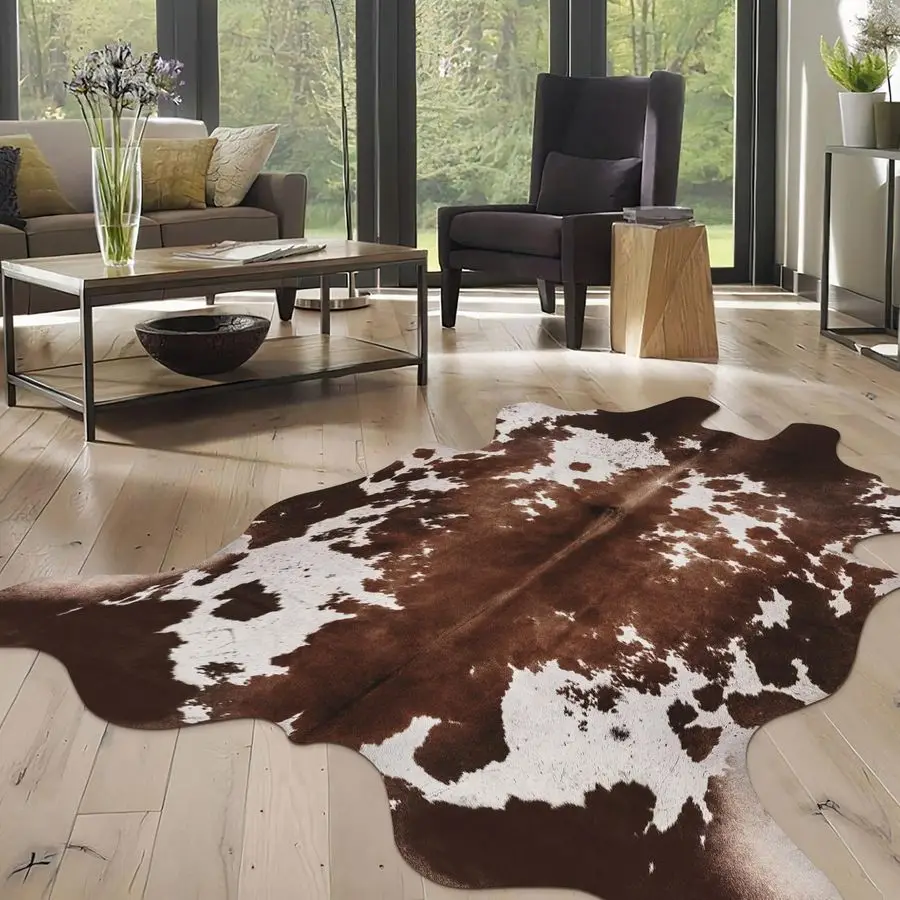

Hide Faux Cowhide Rug Cow Print Rug for Living Room Bedroom 4.6x5.2 Feet Animal Print Skin Black and Brown Western