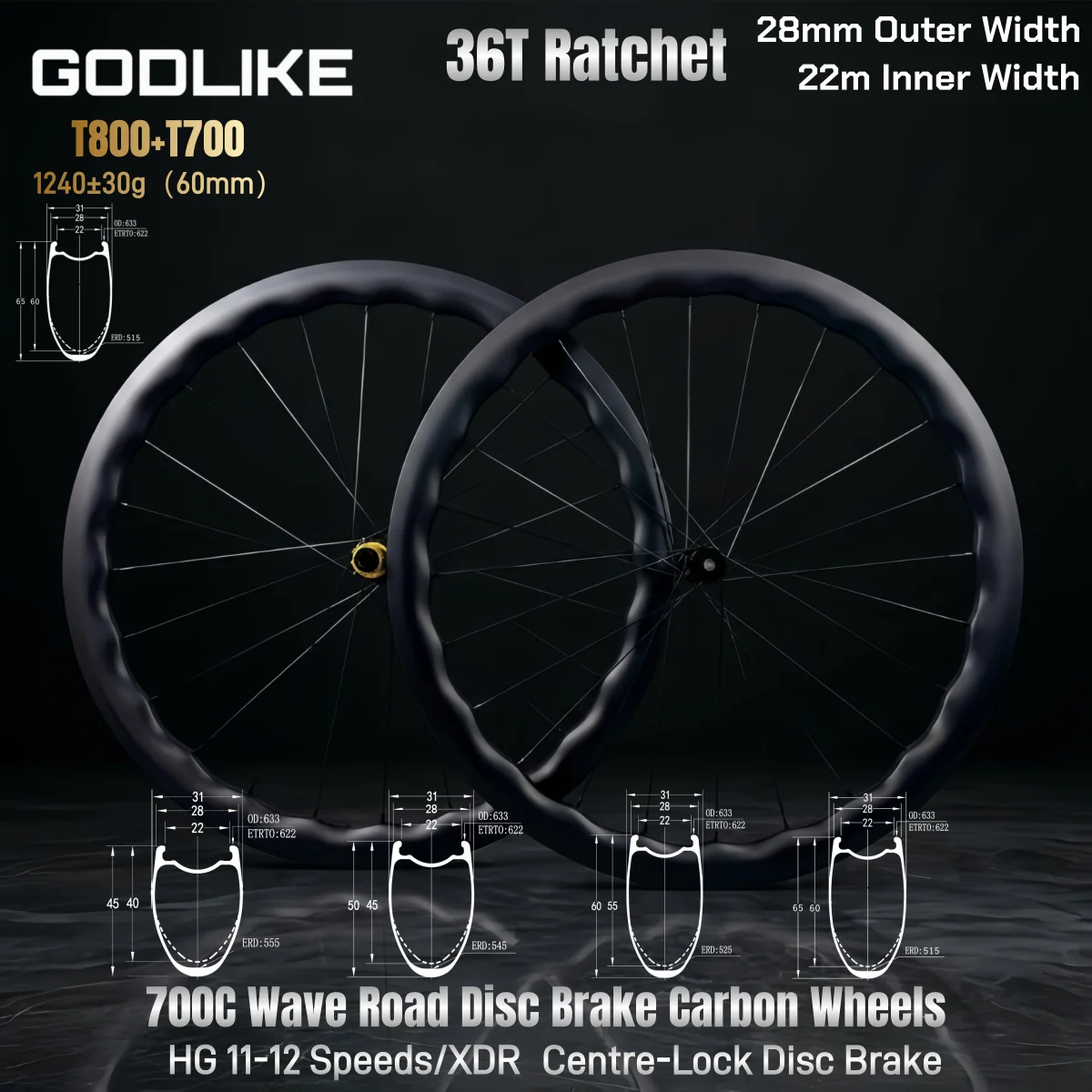 GODLIKE Rennrad-Scheibenbremse 700C 36T Wave Carbon-Laufradsatz 28mm 45/50/60/65mm Tiefe Rennrad 1420 Speichen Aero Carbonfaser-Laufräder