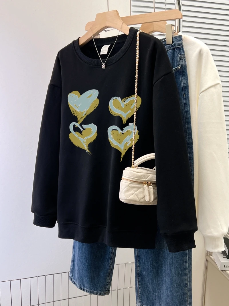 

Fall Black Vintage Hoodie Round Neck Fashion Women's Aesthetic Love-heart Design Pullovers Chic Warm Sports Oversized Tops