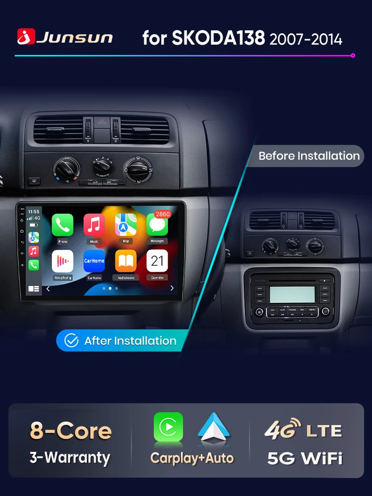 Junsun Autoradio voor Skoda Fabia 2 2007-2014 draadloze CarPlay Android Auto intelligente auto-systemen BT FM Geen 2din DVD - afbeelding 2