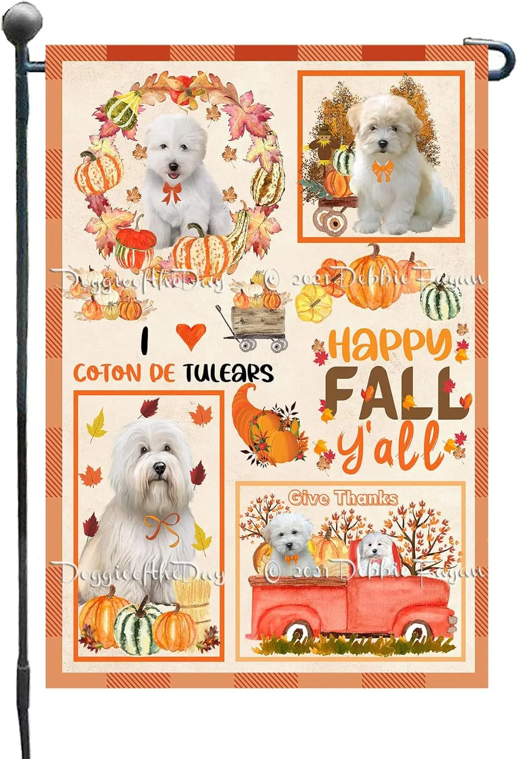 Doggie of the Day Coton De Tulear Dogs Garden Flags - Happy Fall Y'all Pumpkin - Double Sided - Yard Porch Lawn Spring Decor