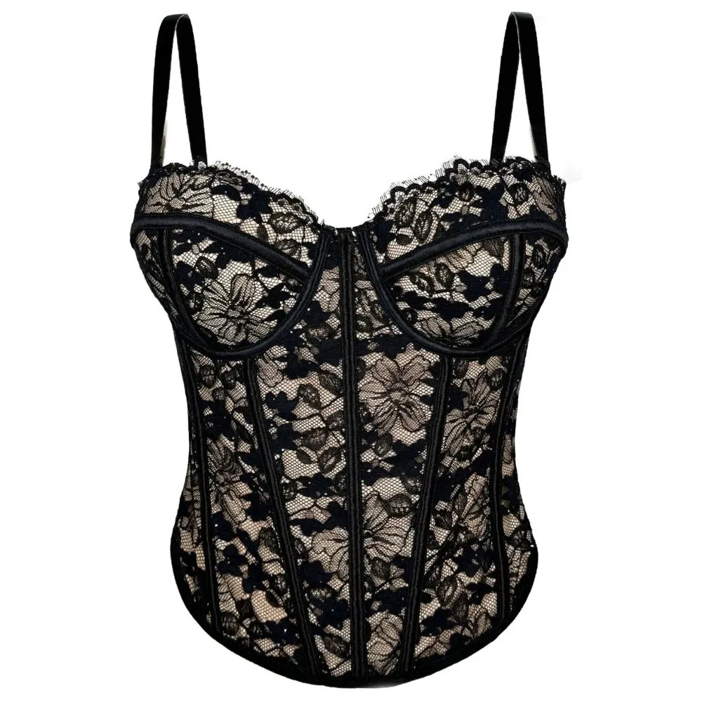 Mesh Flower Slim Lace Crop Top Bottoming Shirt Sleeveless Women Vest Sling Top Fishbone Spicy Girls Style Lace Corset Lady