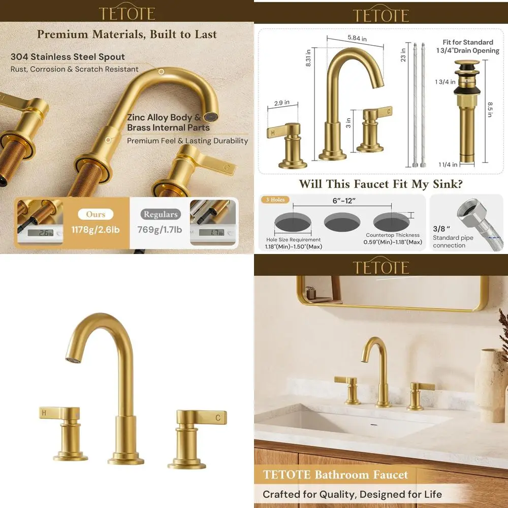 

Смеситель для ванной комнаты с 8 матовыми золотами и 3 отверстиями, 2 ручками, поворотным изливом и герметичным сливом для раковины в туалетном столике