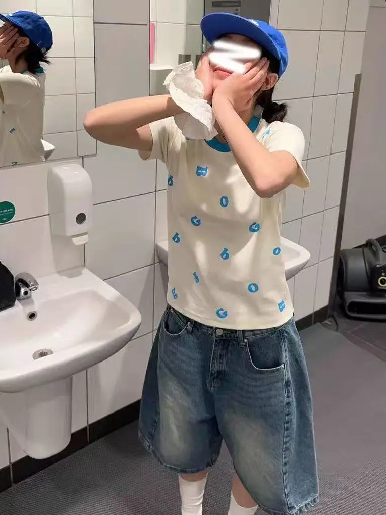 Camiseta con estampado japonés Y2k con letras Wonen, Tops cortos Harajuku de manga corta, ropa de calle, camisetas Grunge Retro americanas