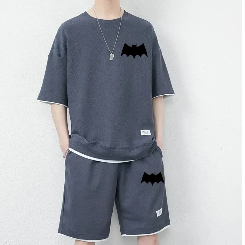 

Men's new Waffle Summer Suit 2024 Casual T-shirt + Shorts Suit Men's Tracksuit Bats pattern tracksuit loose Breathable suit