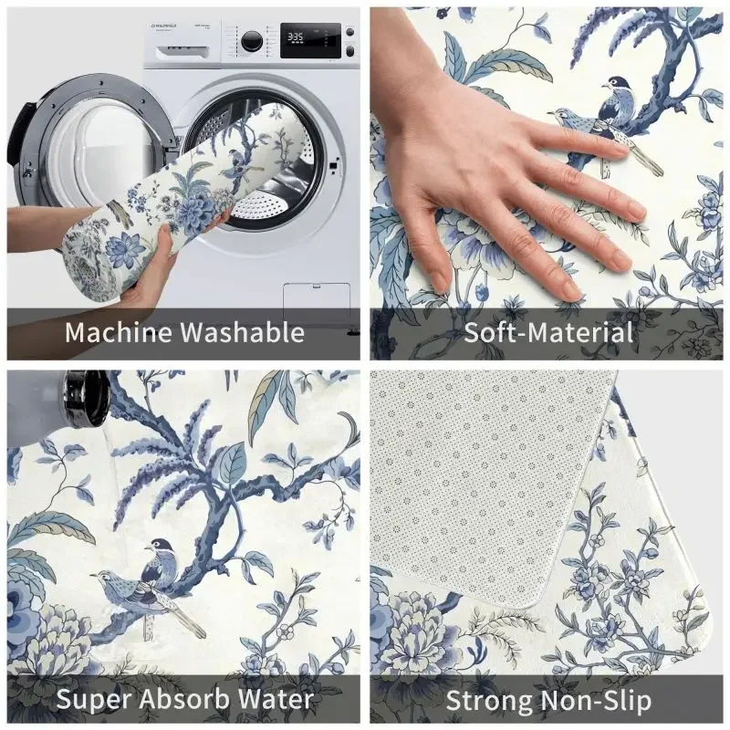 Chinoiserie Welcome Doormat Blue and White Outdoor Bule Birds Flowers Anti Slip Carpet Rugs Indoor Bedroom Kitchen Bath Floormat