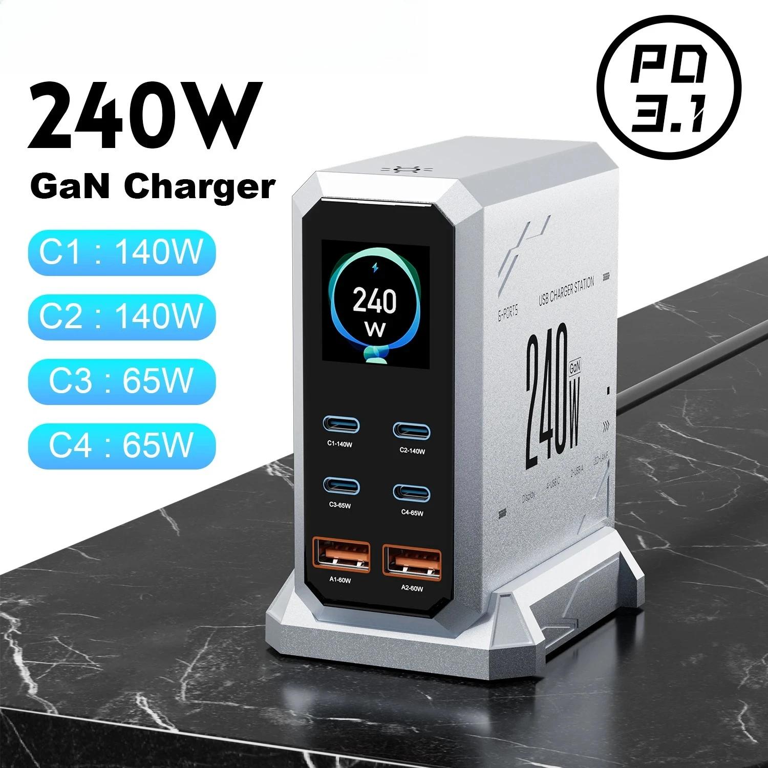 240W Digital GaN Charger PD3.1 140W USB Type C 6 Ports Desktop Fast Charging Station for IPhone Samsung Xiaomi MacBook Laptops