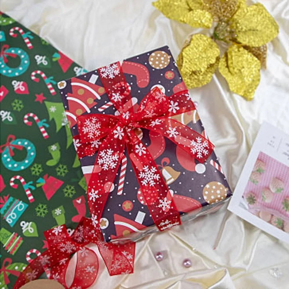10M Christmas Gift Snowflake Ribbon Wreath Bows DIY Christmas Printed Ribbons Bow Natural Organza Satin Ribbon