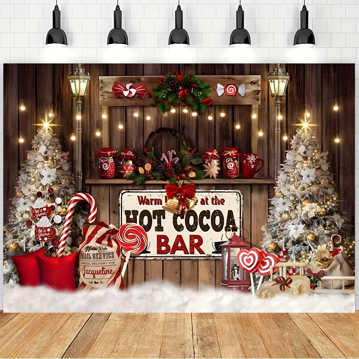 Sfondo natalizio per bar al cacao caldo - Sfondo fotografico per feste di festival con bastoncino di zucchero, alberi di pino e decorazioni festive