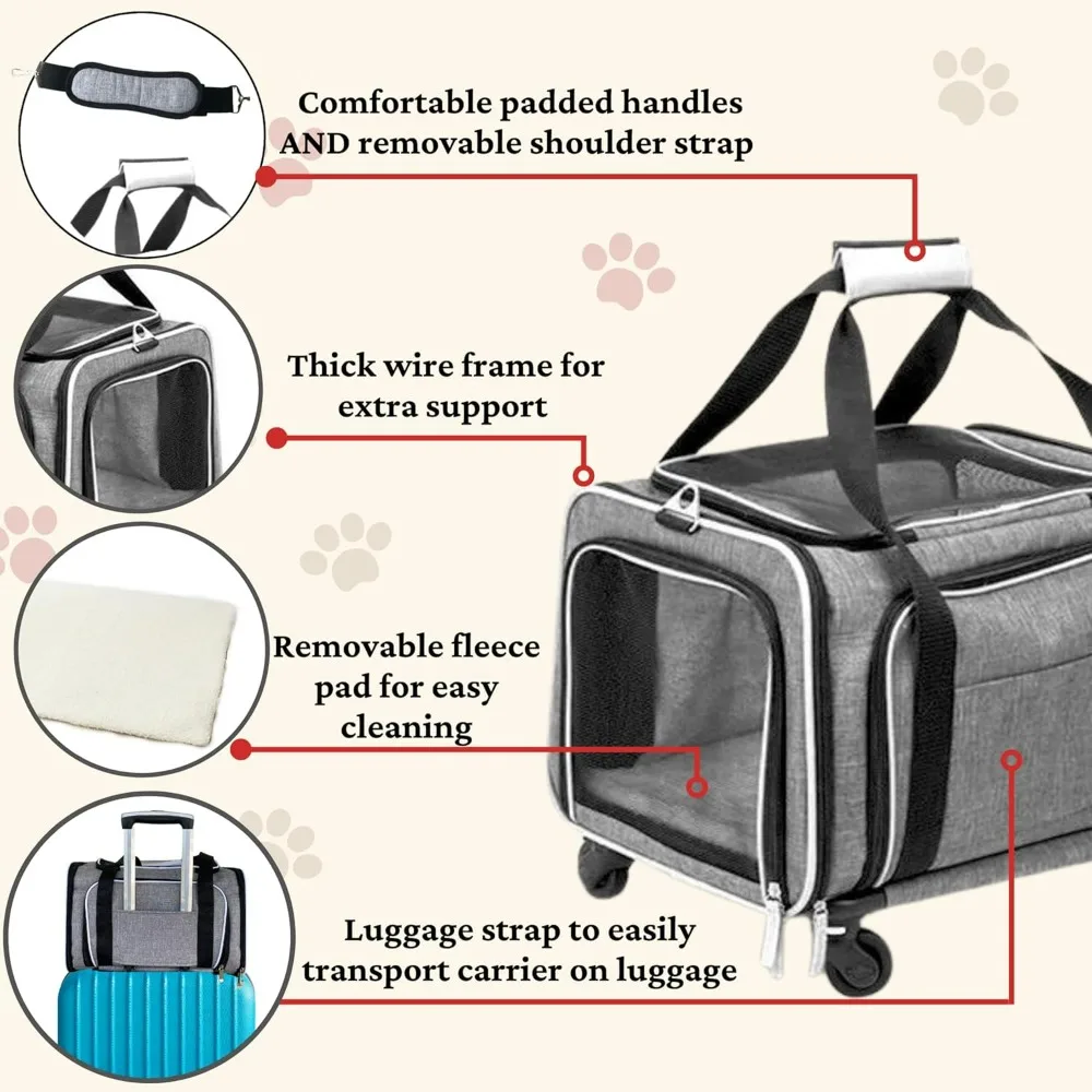 Pet Carriers, Airline Approved Pet Carrier on Wheels, Two-Sided Expandable Rolling Carrier- Designed for Dogs & Cat, Pet Carrier