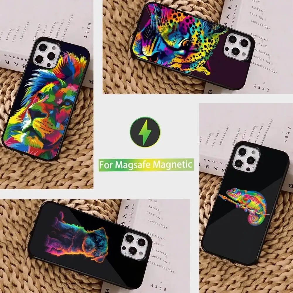 

Colorful Art Animals For iPhone 16,14,13,15,11,12,17,Plus,Mini, Pro,For Magsafe,Max,Magnetic Wireless Charging Case