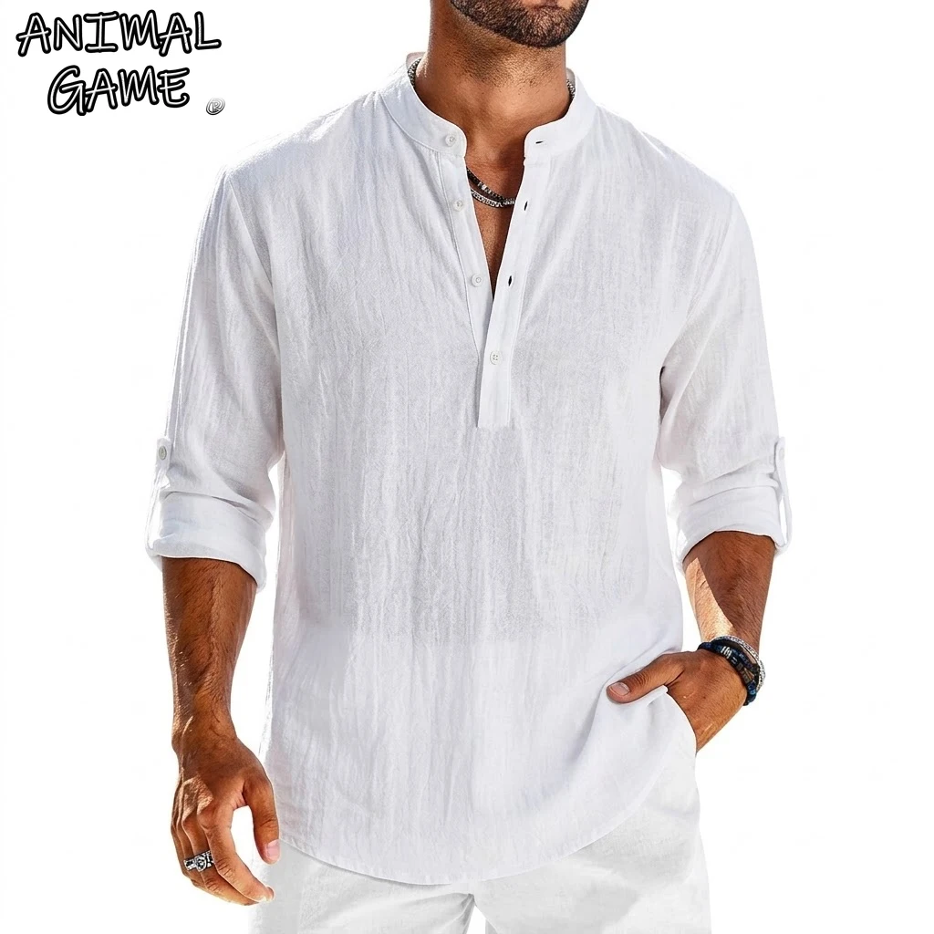 

Мужские рубашки из хлопка и льна Henley: роскошные повседневные, легкие пляжные, с длинным рукавом, гавайские, для спортзала