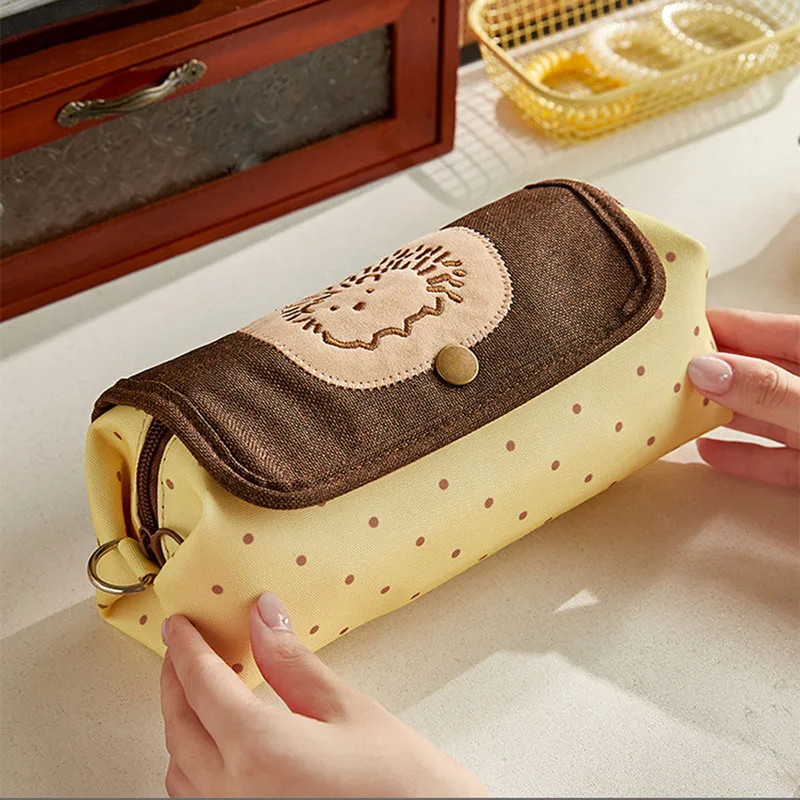 Hedgehog Embroidery Flip Pencil Bag Kawaii Polka Dot Large Capacity Student Stationery Pouch for Kids Girls
