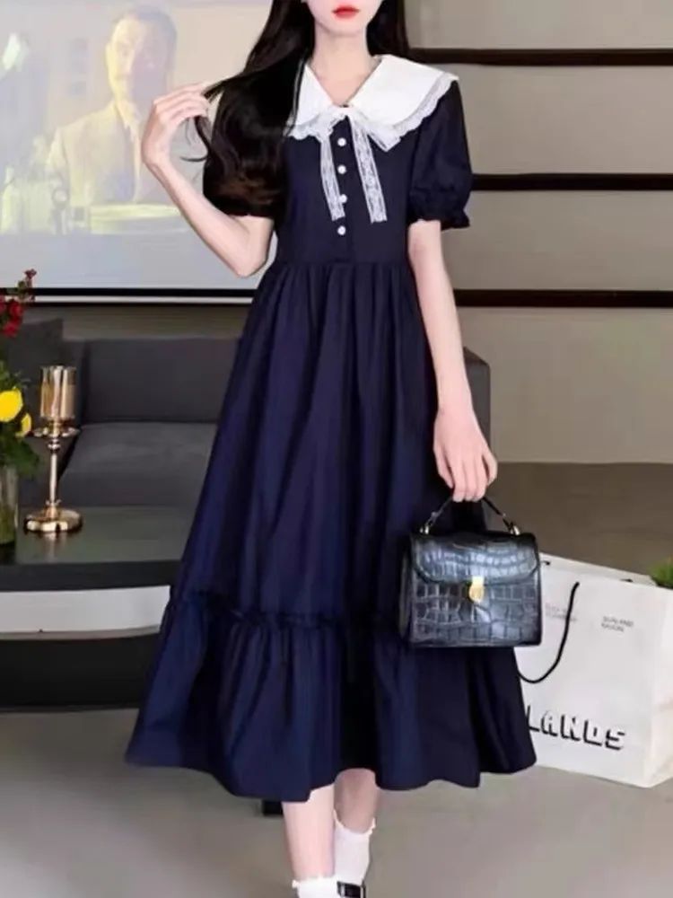 Dulce universidad Sle muñeca Collar dobladillo con volantes Dr mujeres verano talla grande estudiante chica adelgazante aspecto joven largo Dr