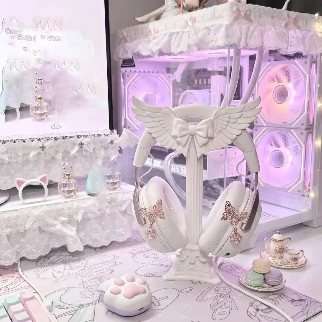 Kawaii Angel Wing Headset Stand Bow Headphone Display Rack Aesthetic Girl Desk Ornament Gaming Earphone Storage Holder Decor