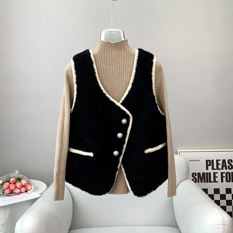 Women‘s Lamb Wool Fur Short Vest Coat Female Winter Warm Sheep Shearling Waistcoat JT3267