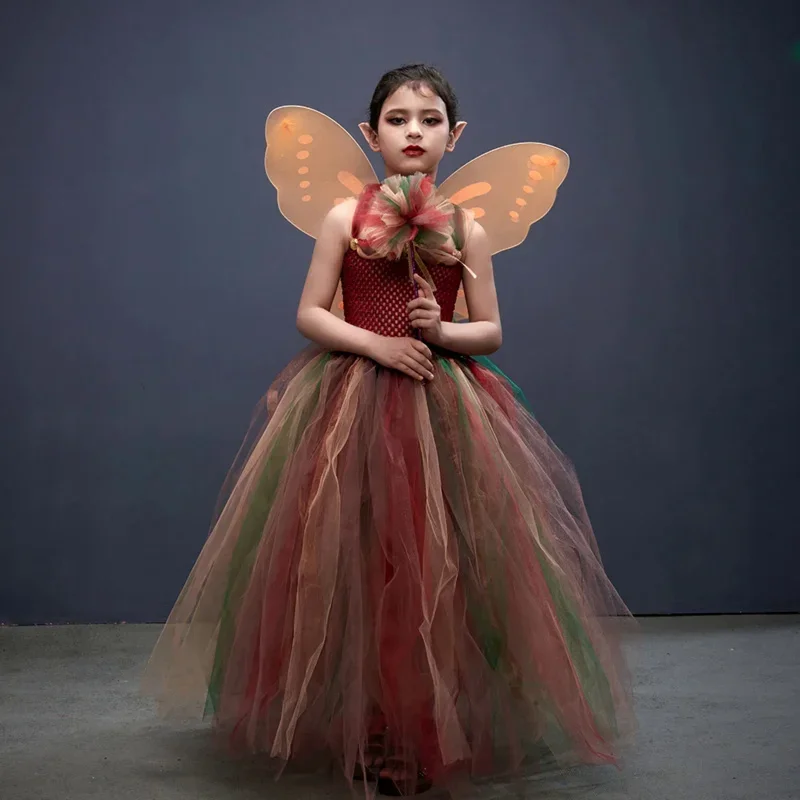 Disfraz de princesa de hadas del bosque para niñas, vestido elegante para fiesta de cumpleaños de Halloween, vestido tutú de duendecillo de ninfa de bosque para niños de otoño