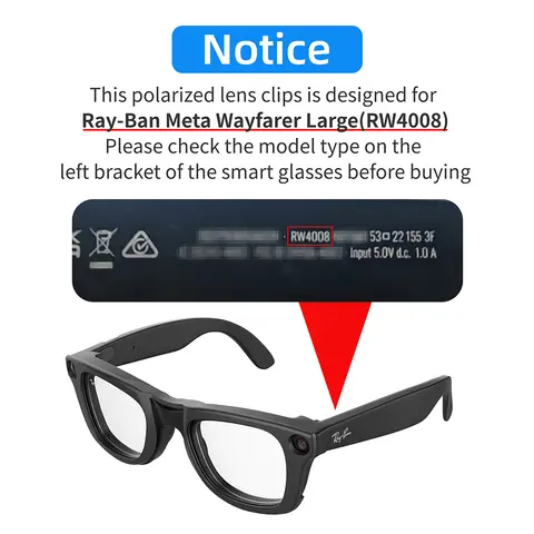 Ray-Ban Meta Wayfarer(대형) 안경 클립용 Hibloks 편광 선글라스 렌즈 눈부심 방지 UV 보호 4색 RW4008