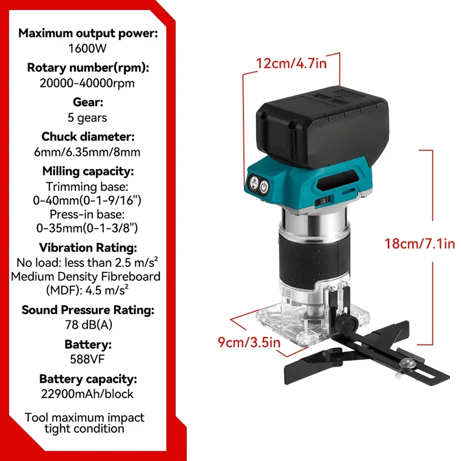 5 Speeds Brushless Electric Trimmer Engraver 1600W Cordless Wood Router Woodworking Engraving Slotting Tools for Makita Battery